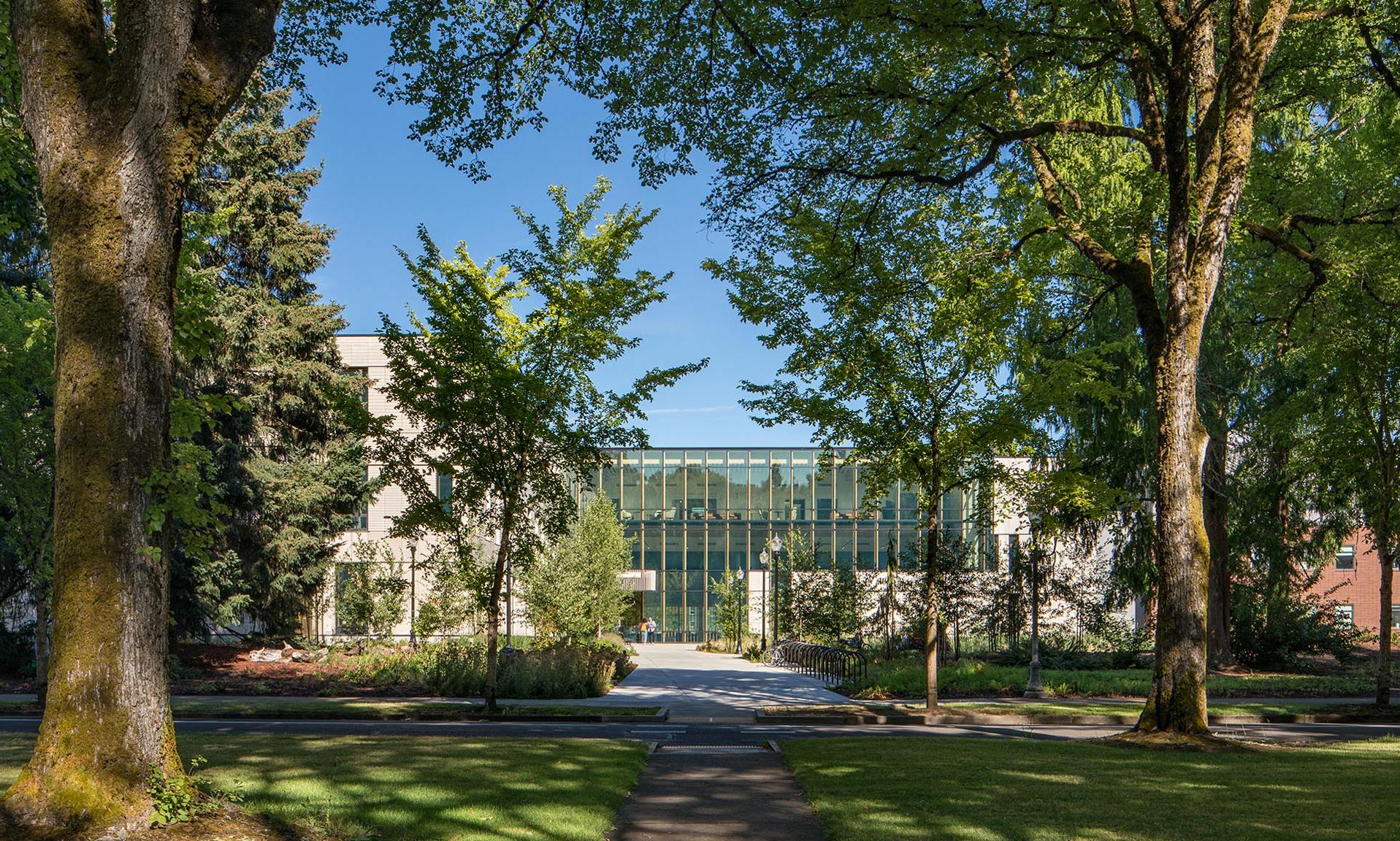 Oregon State University Forest Science Complex exterior view through trees